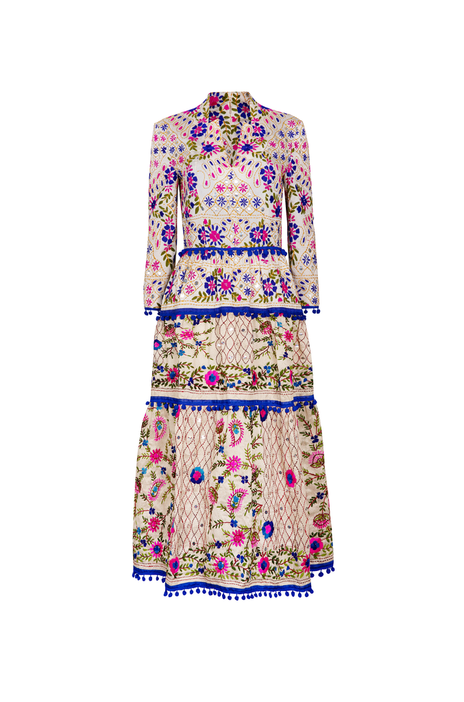 ZOYA | Midi Dress With Tiered Skirt Cut From Hand Embroidered Indian Silk
